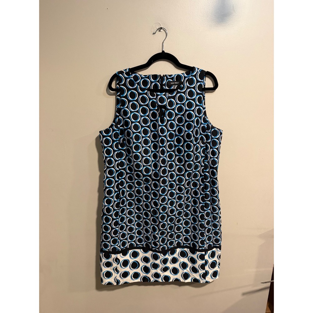 Nine West Womens Blue Black Geometric Circle Print Sleeveless Shift Dress 16